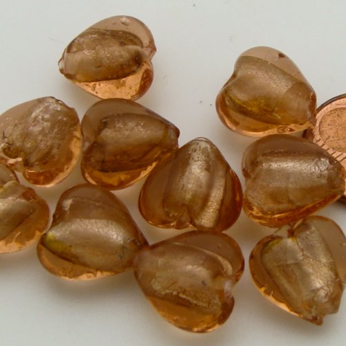 10 perles coeurs 12mm marrons verre façon murano feuille argentée diy création bijoux
