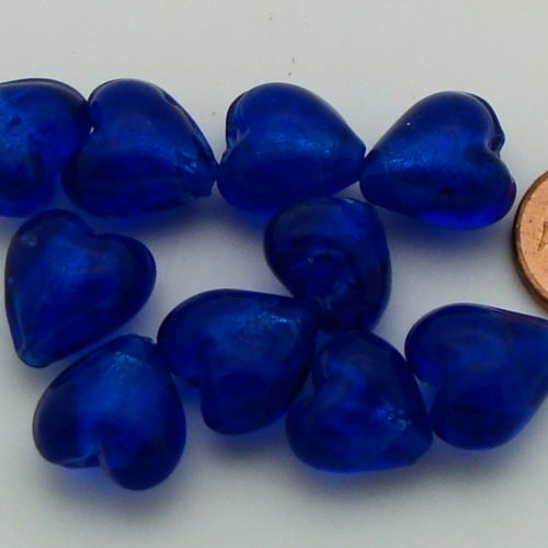 10 perles coeurs 12mm bleu marine verre façon murano feuille argentée diy création bijoux
