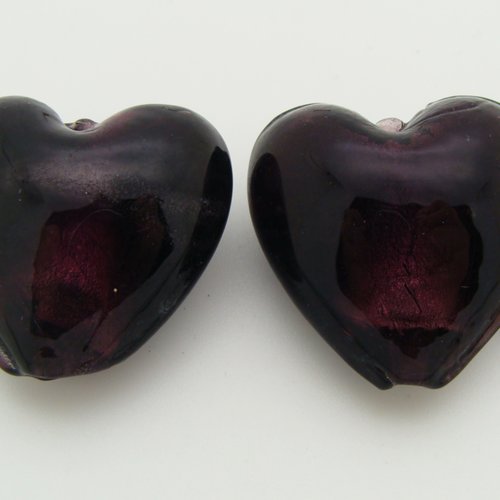 1 perle coeur 28mm violet foncé verre façon murano feuille argentée diy création bijoux