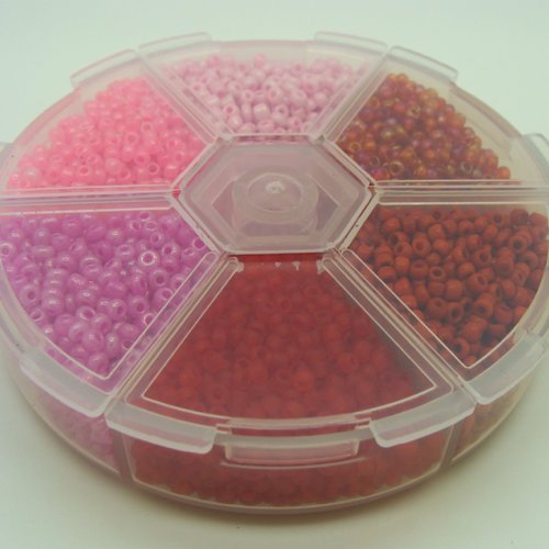 Rocaille 2mm perles verre 6 couleurs tons roses rouges mod21 par 1 casier