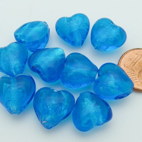 10 perles coeurs 12mm bleu vif verre façon murano feuille argentée diy création bijoux