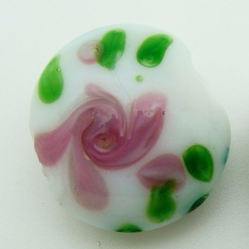 2 perles galets 18mm blanc rose motif fleur verre lampwork