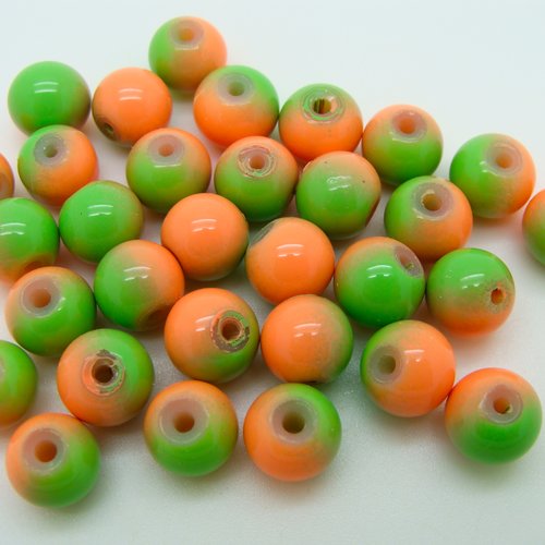 30 perles bicolores orange vert rondes 8mm verre peint