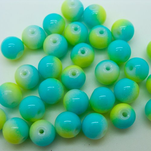 30 perles bicolores bleu vert rondes 8mm verre peint