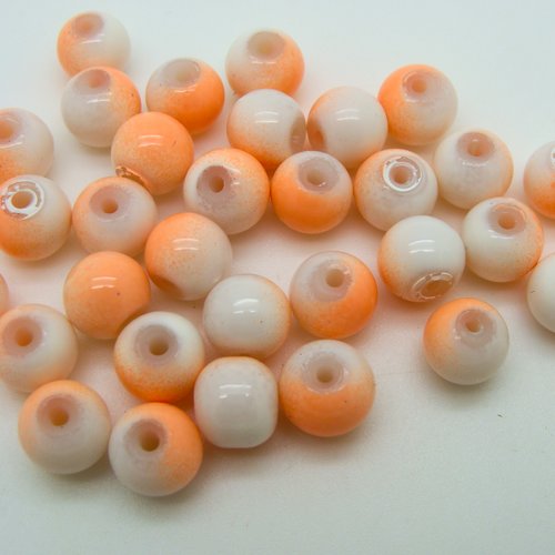 30 perles bicolores orange blanc rondes 8mm verre peint