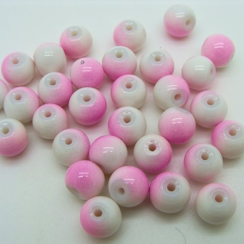 30 perles bicolores rose blanc rondes 8mm verre peint