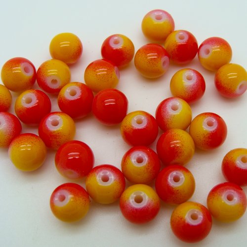 30 perles bicolores orange rouge rondes 8mm verre peint