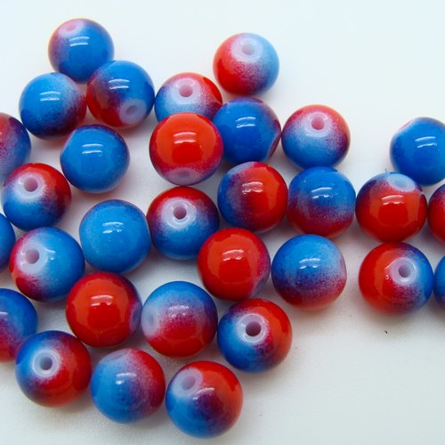 30 perles bicolores bleu rouge rondes 8mm verre peint