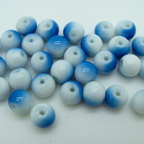 30 perles bicolores bleu blanc rondes 8mm verre peint