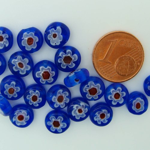 20 perles bleu foncé fleur rouge disque 8mm verre style millefiori diy création bijoux