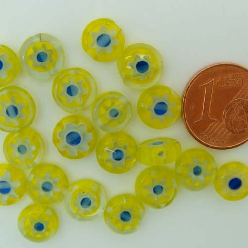 20 perles jaune fleur bleue disque 8mm verre style millefiori diy création bijoux
