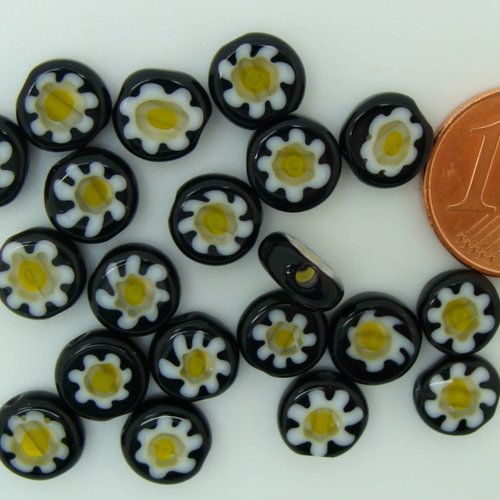 20 perles noires fleur jaune disque 8mm verre style millefiori diy création bijoux