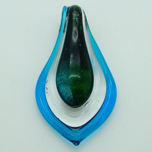 Pendentif feuille bleu et transparent 63mm en verre lampwork