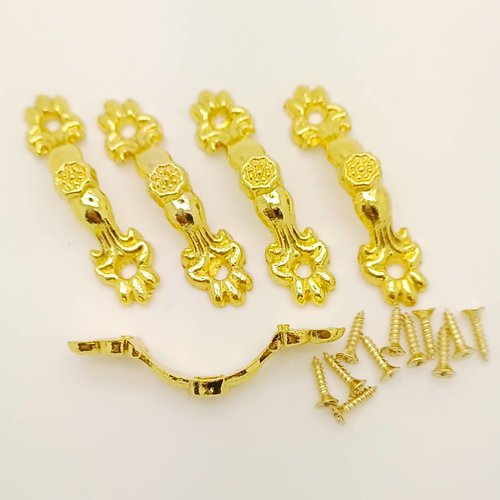 5 poignées courbes 43mm deco fleur métal couleur dorée avec vis