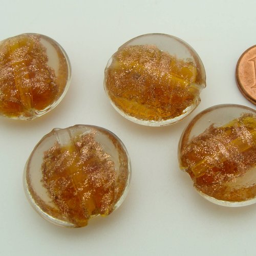 4 perles galets 20mm verre lampwork marron clair avec touches dorées