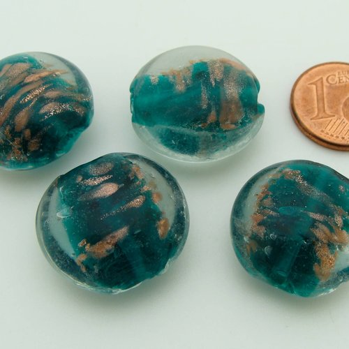 4 perles galets 20mm verre lampwork bleu vert avec touches dorées