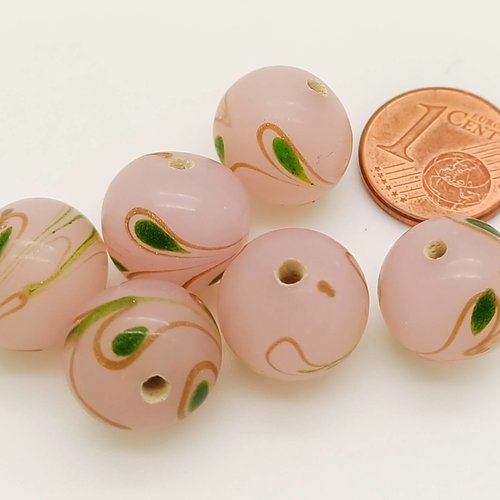 6 perles roses rondes 12mm motifs verts en verre lampwork