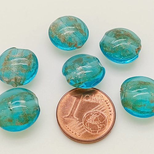 6 perles bleu clair verre lampwork galets12mm touches dorées