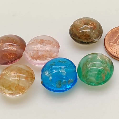 6 perles mix couleurs verre lampwork galets12mm touches dorées