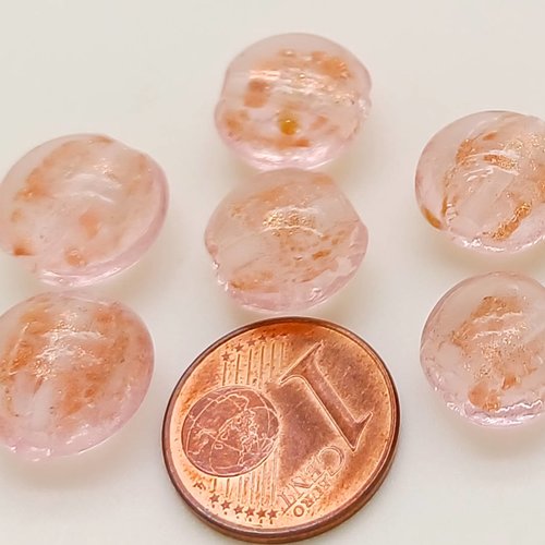 6 perles roses verre lampwork galets12mm touches dorées