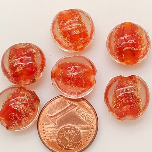 6 perles rouges verre lampwork galets12mm touches dorées