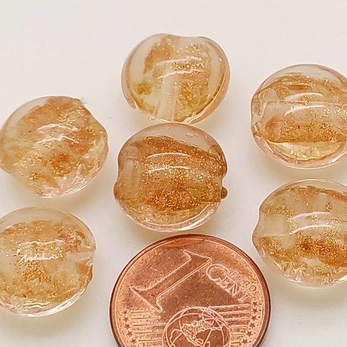 6 perles transparentes verre lampwork galets12mm touches dorées