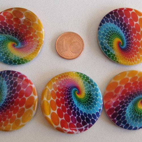 5 perles disques ronds 35mm nacre imprimé spirale arc en ciel
