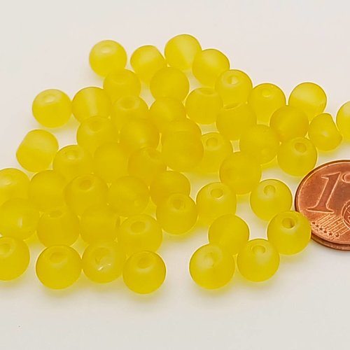 50 perles jaunes rondes 6mm verre simple aspect givre dépoli