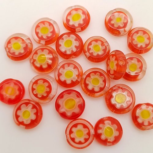 20 perles rouges fleur jaune disque 8mm verre style millefiori diy création bijoux