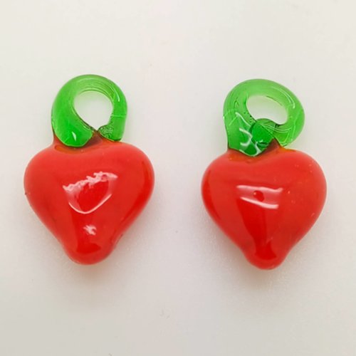 2 mini pendentifs coeur rouge 20mm breloque verre