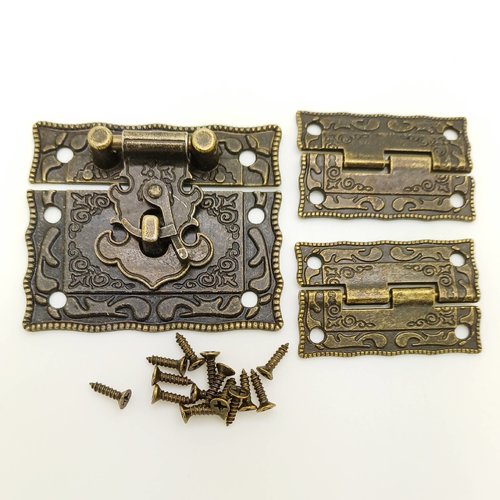 1 kit pour boite ou coffret 1 fermoir carré, 2 charnières et vis métal couleur bronze