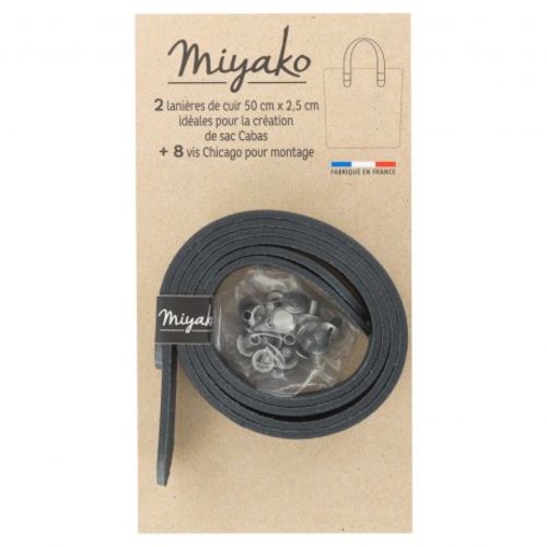 Anses de sac cabas miyako en cuir pré-percée - noir - 50x2,5cm