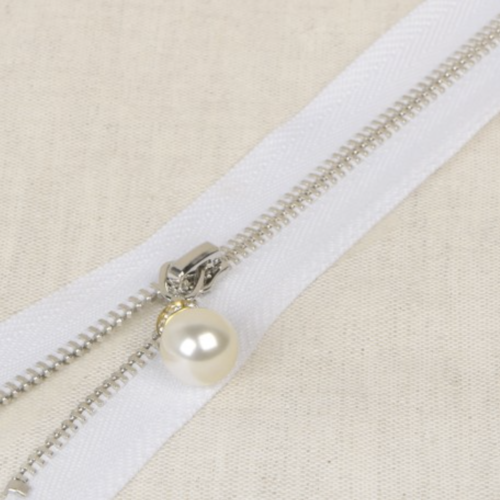 Fermeture non séparable avec perle et strass - 30 cm - blanc