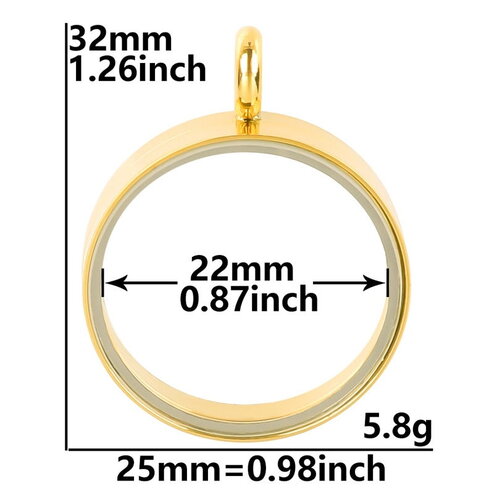 Collier médaillon rond flottant / pendentif en acier doré inoxydable et verre transparent