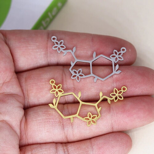 Breloque connecteur à molécule de sérotonine molécule chimie en laiton argenté mat ou doré