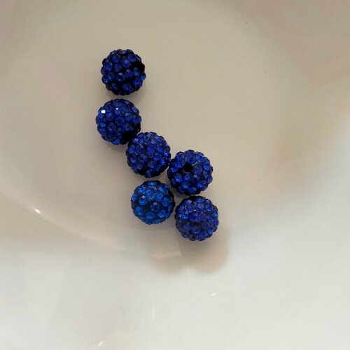 6 perles shamballa strass bleue nuit de 8mm