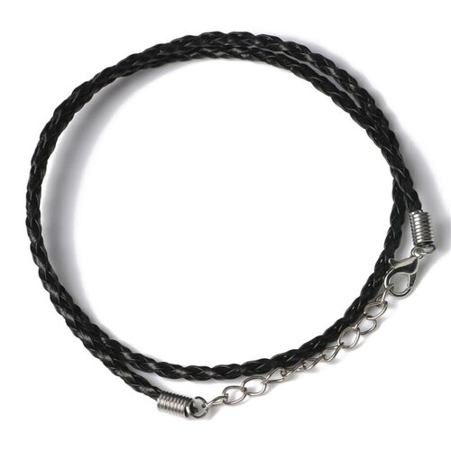 Collier  cordon tressé en cuir noir 2mm réglable de 45 à 49cm