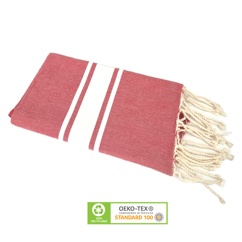 Fouta 3 bandes blanches 100% coton - rouge clair