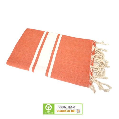 Fouta 3 bandes blanches 100% coton - orange-corail