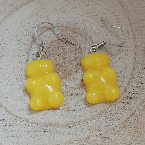 Boucle d'oreilles ourson jaune translucide en fimo- bijoux fantaisie - bijoux gourmand - idée cadeau