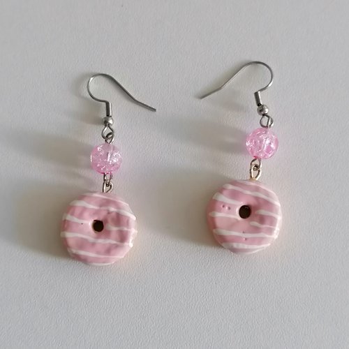 Boucle d'oreilles donuts rose pastel en fimo- bijoux fantaisie - bijoux gourmand - idée cadeau