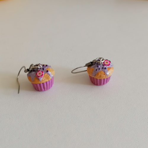 Boucle d'oreilles cupcakes floral violette en fimo- bijoux fantaisie - bijoux gourmand - idée cadeau