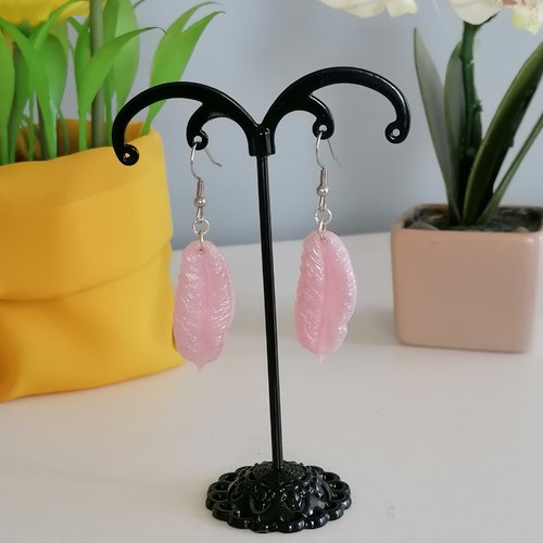 Boucle d'oreilles plume rose quartz en fimo