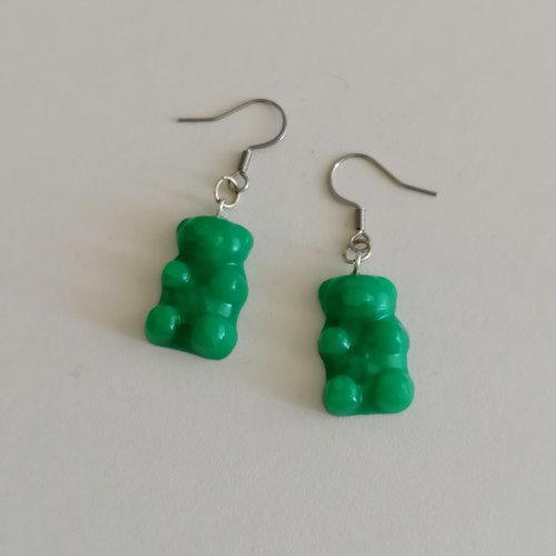 Boucle d'oreilles ourson vert translucide en fimo- bijoux fantaisie - bijoux gourmand - idée cadeau