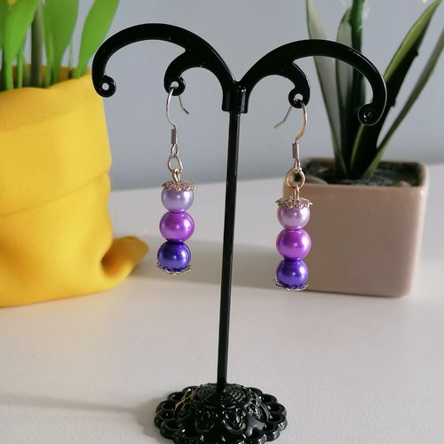 Boucle d'oreilles trio de perles violette- bijoux fantaisie- idée cadeau