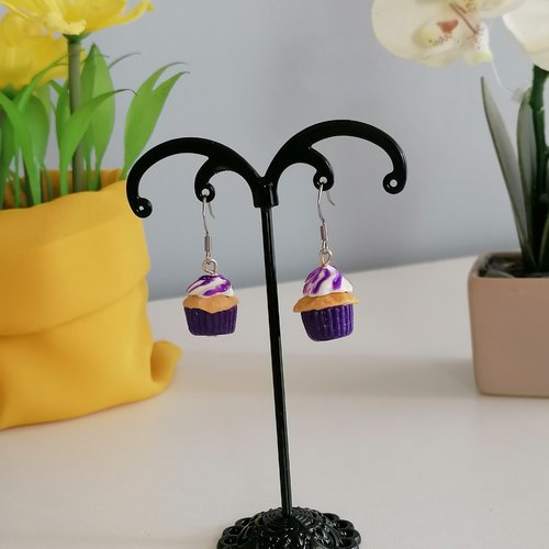 Boucle d'oreilles cupcakes violet en fimo- bijoux fantaisie - bijoux gourmand - idée cadeau