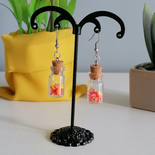 Boucle d'oreilles fiole fleurs rouge, jaune et orange