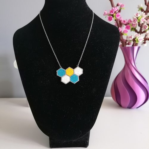 Collier nid d'abeille bleu, jaune et blanc en perles miyuki
