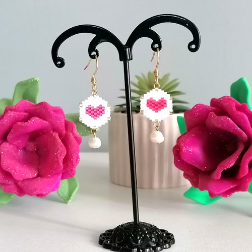 Boucles d'oreilles géométrique cœur st valentin en perles miyuki - idée cadeau - bijou st valentin