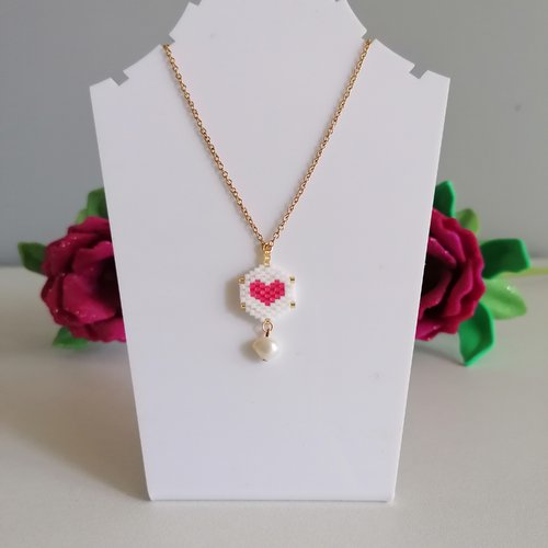 Collier géométrique coeur rose en perles miyuki - acier inoxydable - bijou st valentin